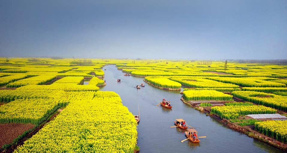 2009年4月6日，在江苏省兴化市附近乘船赏花的游人