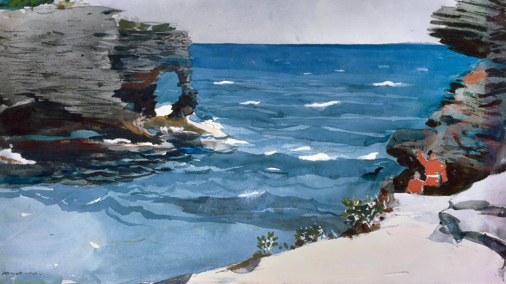 波士顿美术馆收藏的画家温斯洛·霍默的水彩画'Rocky Shore' 